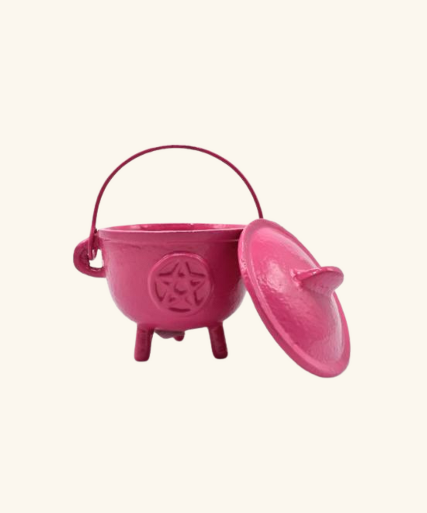 Pentagram Cast Iron Cauldron with Lid - Pink