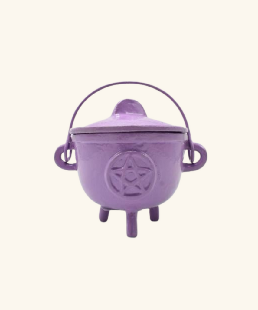 Pentagram Cast Iron Cauldron with Lid - Lavender