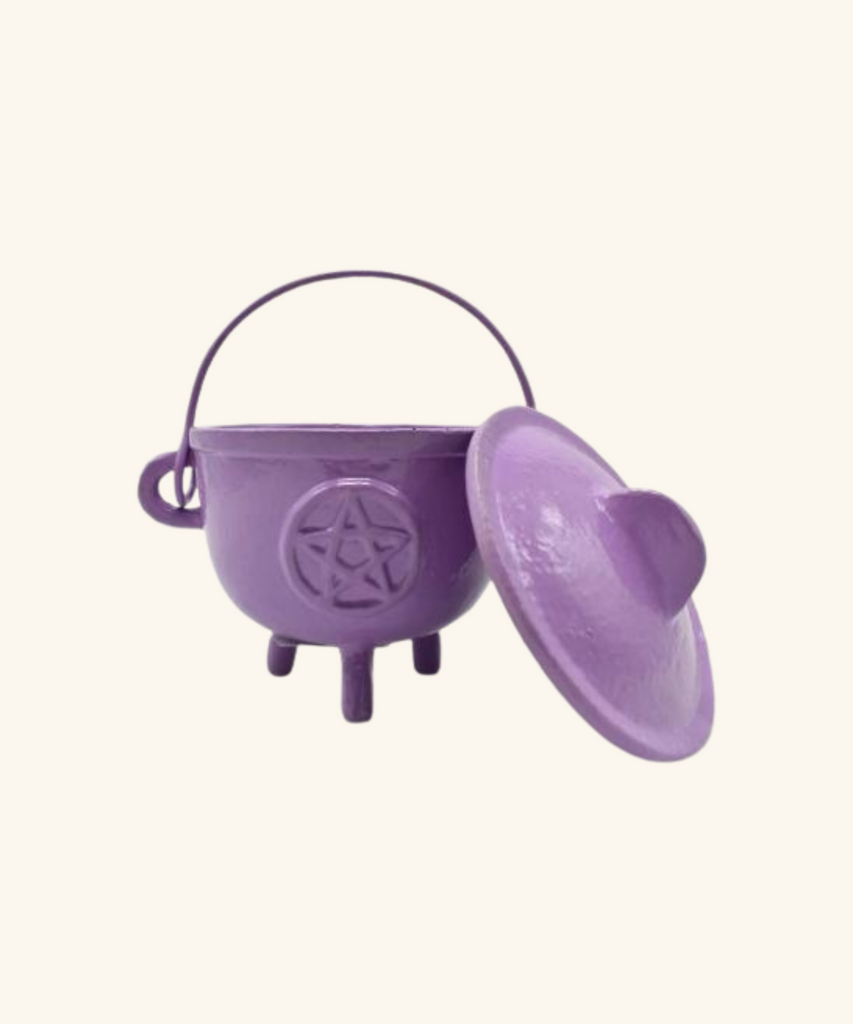 Pentagram Cast Iron Cauldron with Lid - Lavender