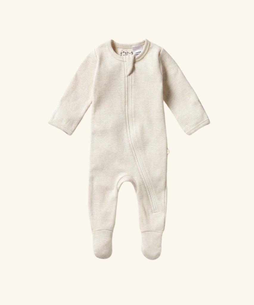 Wilson & Frenchy | Organic Stripe Zipsuit with Feet - Oatmeal